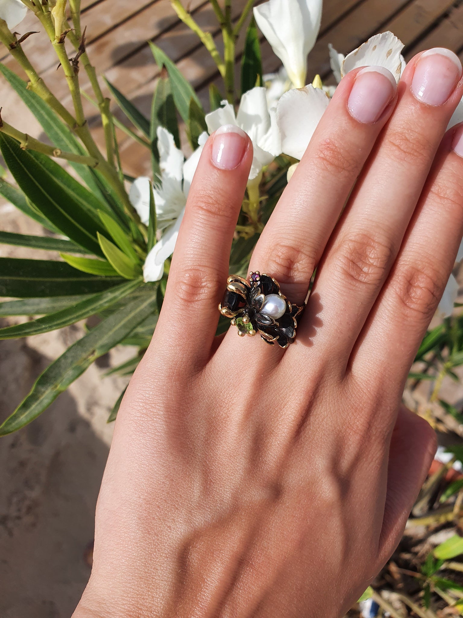 Petals with Black Spinel and Pearl